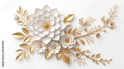 Elegant white lotus flower with golden leaf accents and decorative botanical design