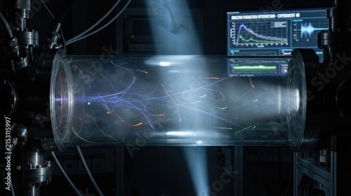 Scientific apparatus emitting electromagnetic radiation, demonstrating particle interaction, advanced physics experiment, spectral energy display, digital data analysis, research laboratory setting.