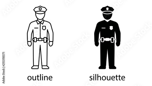 Quadro su tela Police Officer Icon: A graphic representation of a police officer, depicted in both an outline and a silhouette style, symbolizing law enforcement and authority
