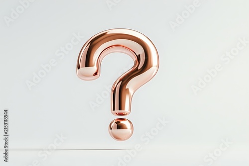 Shiny rose gold question mark balloon on neutral background, suitable for uncertainty, FAQ, help, support, and inquiry concepts.