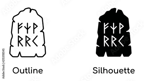 Foto Runic Inscription on Stone: An ancient stone tablet displays runic symbols, presented in both outline and silhouette formats for design versatility, evoking history and mystery