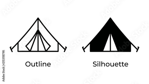 Tent icon, outline and silhouette: Two simple graphic representations of a camping tent, one as a line drawing and the other as a solid silhouette, ideal for use in outdoor or travel-related designs.