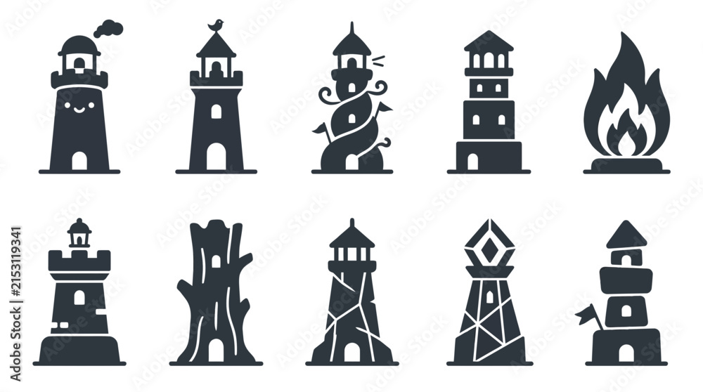 Naklejka premium Collection of black lighthouse and fantasy tower silhouette icons.