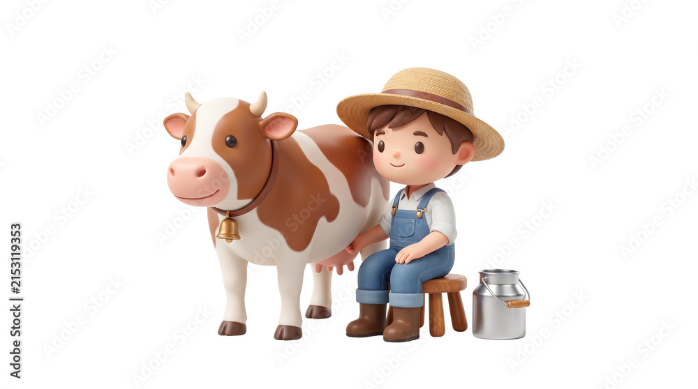 Fototapeta premium Chibi style farmer boy milking a brown cow, cute 3D miniature farm character, dairy production concept on white background