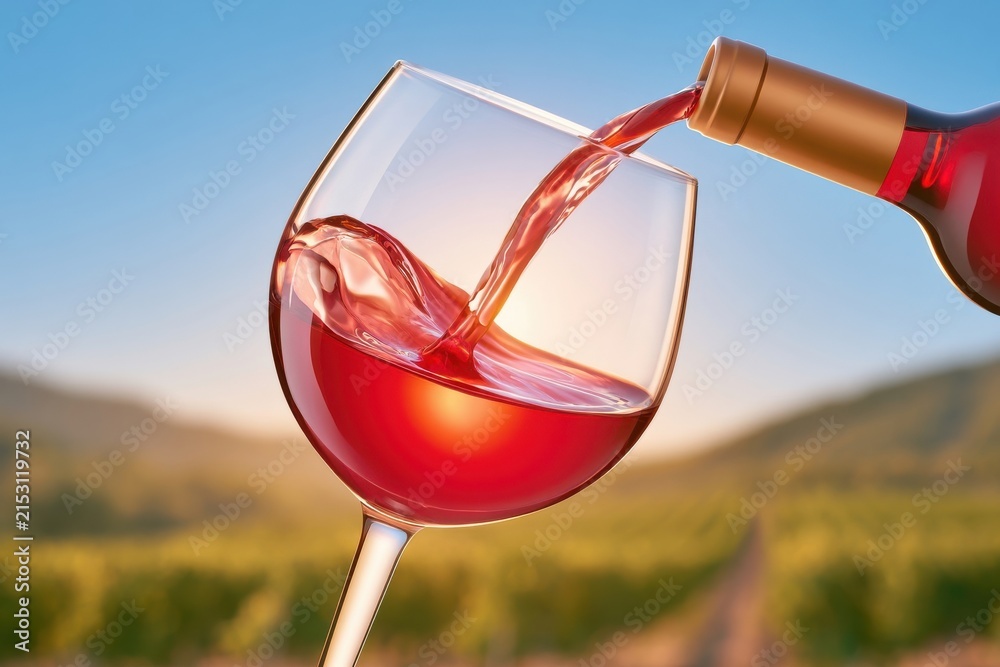 Obraz premium Red wine being poured into glass with graceful splash against vineyard backdrop