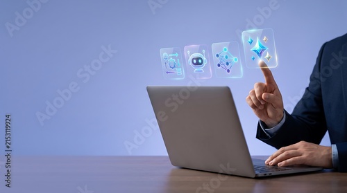 A professional businessman using a laptop and interacting with a futuristic digital interface representing global business data and connectivity