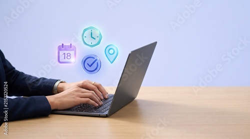 A business professional typing on a laptop with floating digital icons representing productivity scheduling and task management workflow concepts