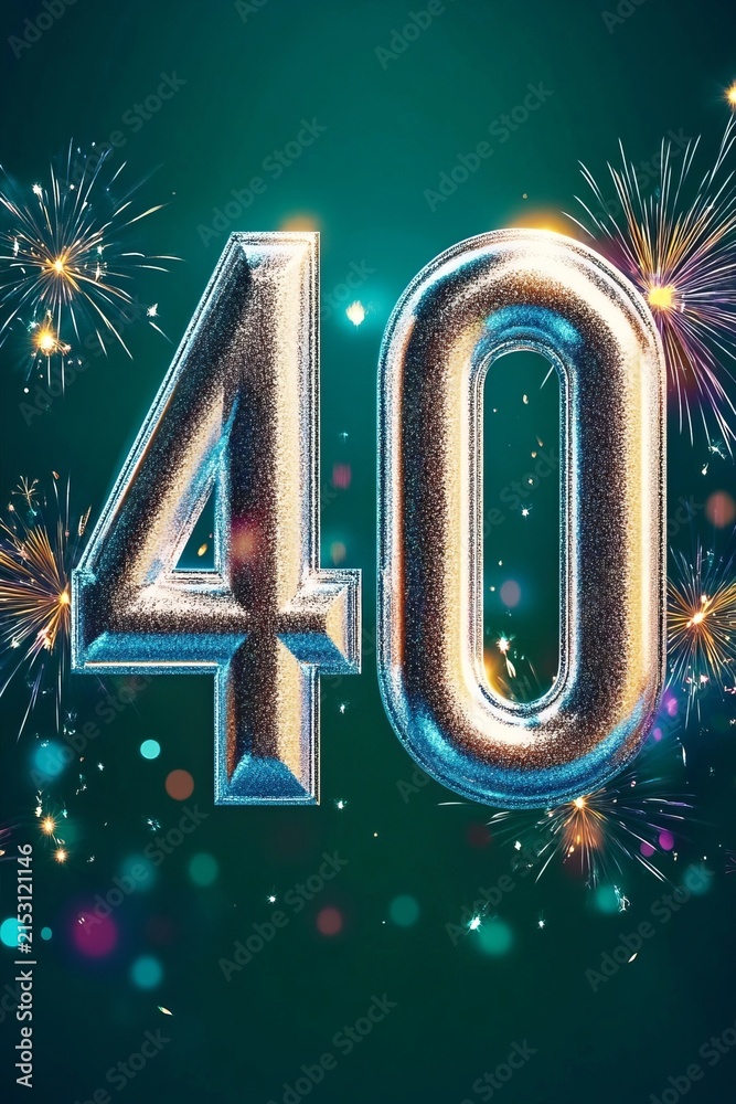 Obraz premium Bright Silver Metallic Number 40 with Sparkling Firework Explosions on Emerald Green Background.