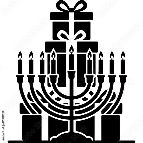 Hanukkah menorah with gift boxes vector, Jewish holiday chanukiah silhouette, festive celebration gifts and candles icon