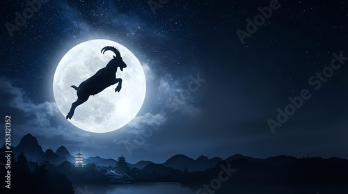 Silhouette of a goat leaping across a glowing full moon against