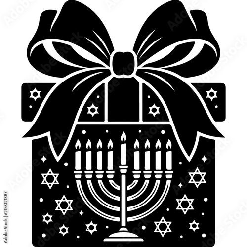 Hanukkah gift box vector with menorah and bow. Jewish holiday present icon. Black and white Hanukkah celebration graphic.