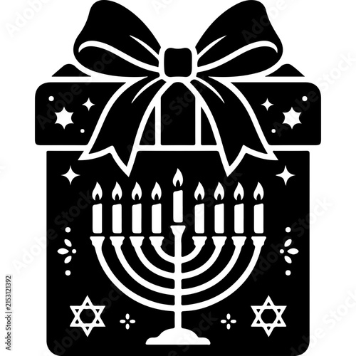 Hanukkah gift box vector icon, Jewish holiday present with menorah and bow, black and white festive gift box illustration