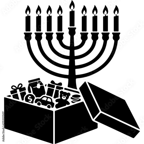 Hanukkah menorah with gift box vector illustration. Jewish holiday candelabra and presents. Black and white festive religious icon.