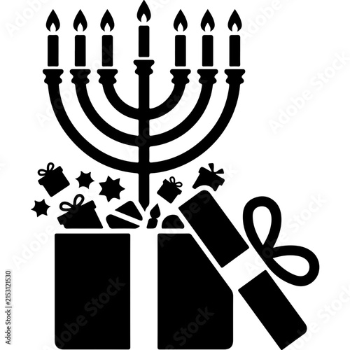 Hanukkah menorah with gift box vector icon. Jewish holiday candelabra and presents. Black silhouette Chanukah celebration graphic.