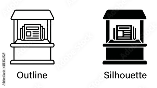Newspaper Stand Icon: A clear outline and a bold silhouette of a newspaper stand, showcasing two distinct graphic representations of a news vendor's kiosk.