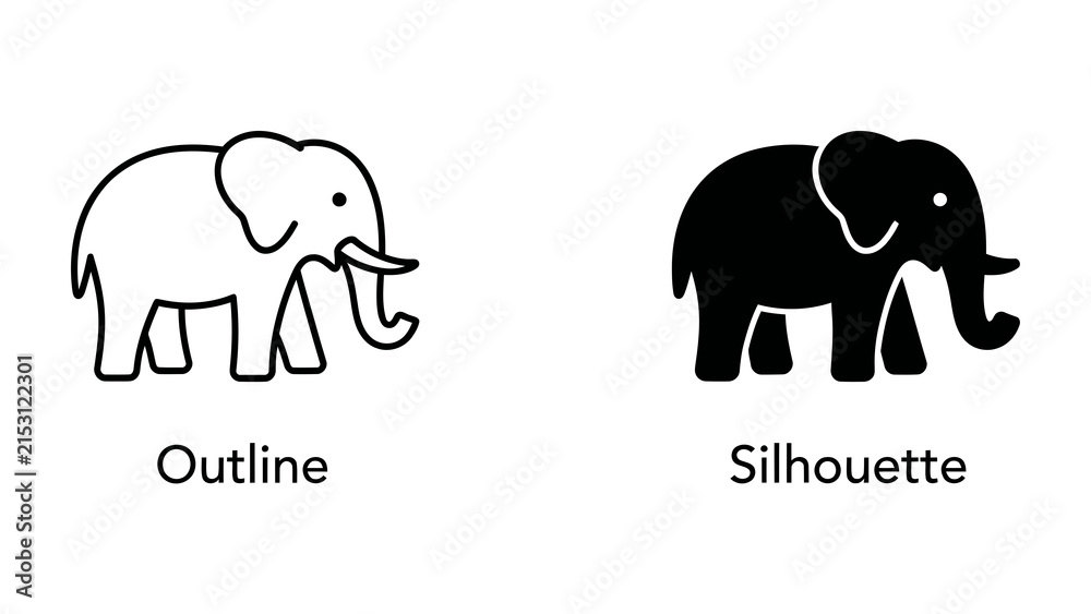 Fototapeta premium Elephant Outline and Silhouette: Two simple vector illustrations of an elephant, one an outline and the other a solid silhouette, representing a digital icon for a brand or animal theme.