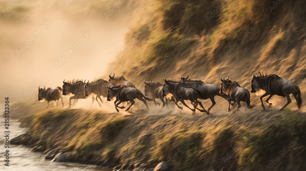 Obraz premium wildebeest. Herd of wildebeest charging down a dusty riverbank during golden hour, motion blur. wildlife magazines, conservation campaigns, designed for nature documentaries and education.