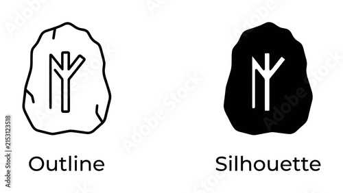 Bild auf Leinwand Runic Symbols Outline and Silhouette: Two stone-like shapes display a runic symbol, one as a clean outline and the other as a solid black silhouette