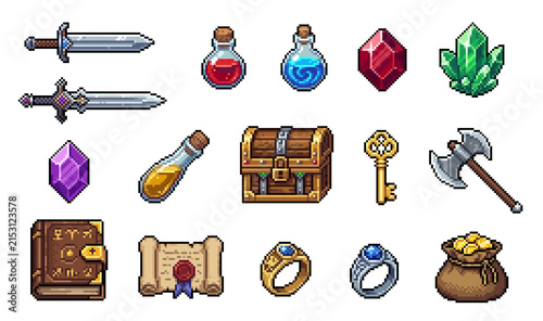 Obraz na płótnie Pixel Art Fantasy RPG Item Set with Weapons, Potions, Gems and Treasure