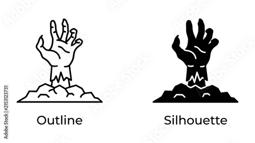 Photography Rising from the Grave: Two graphic representations, an outline and a silhouette, depict a hand emerging from the earth, symbolizing resurrection or a haunting presence
