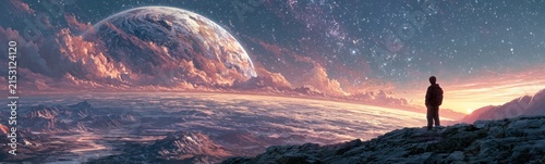 Man standing on a mountain looking at a planet