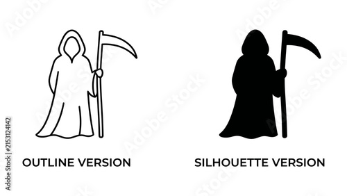 Bild auf Leinwand Grim Reaper Icon Set: Two distinct representations of the Grim Reaper, one as a clean outline and the other as a stark silhouette, both holding their iconic scythe