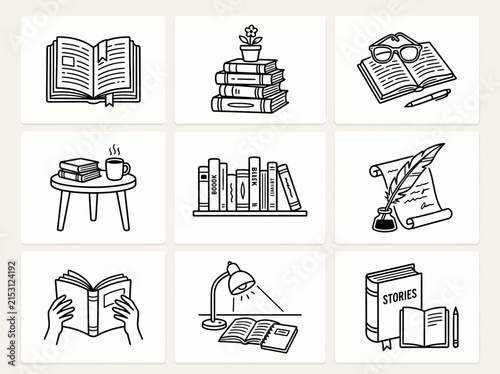Collection of hand-drawn illustrations of books and reading, educational and lifestyle concepts