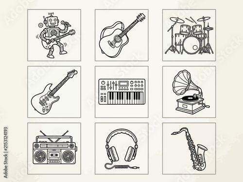 Collection of Hand-Drawn Musical Instruments and Robot Musician