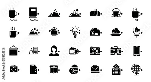 Collection of Icons: Coffee, Mountains, Camera, Globe, Lightbulb, Toaster, Book, Alarm Clock
