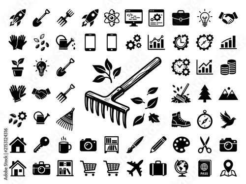 Collection of Icons: Gardening, Business, Technology, Travel, and More