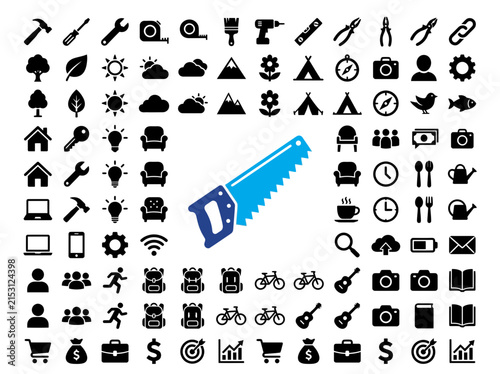 Collection of Blue Saw and Various Tools Icons on White Background