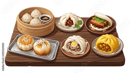 Assortment of Asian steamed buns baozi and dim sum dishes served on wooden board