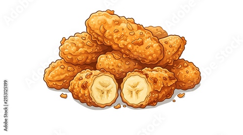 Crispy golden banana fritters with crunchy coating served on white background