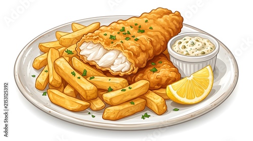 Golden fried fish fillet served with french fries, lemon wedges, and tartar sauce on a plate