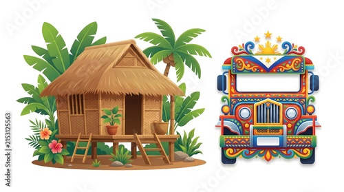 Filipino cultural illustration showing a traditional wooden stilt house, palm trees, and a colorful decorated truck