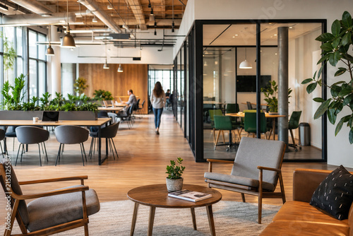 Bright modern office interior with a spacious lounge and open workspace, plants, stylish seating, glass walls, warm light, and a collaborative atmosphere.