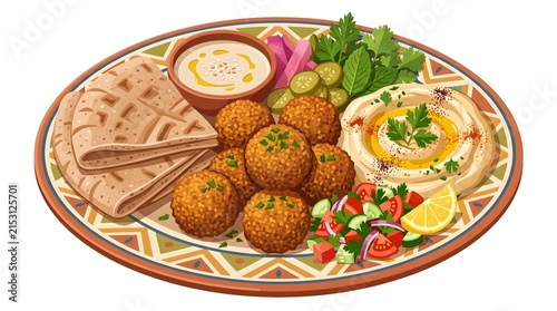 Mediterranean falafel platter with crispy chickpea balls, pita bread, hummus dip, pickles, and fresh salad