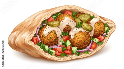 Middle Eastern falafel pita pocket sandwich stuffed with crispy falafel balls, fresh salad, pickles, and tahini