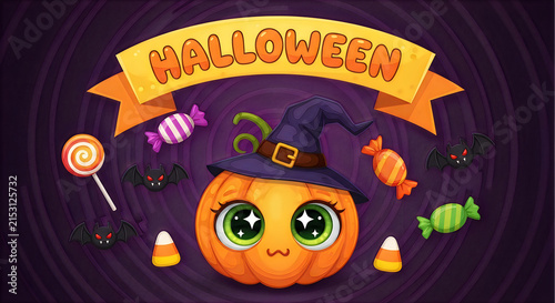 A delightful halloween scene featuring a cute pumpkin candy and festive decorations for a