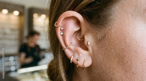 Close up of female ear with multiple gold and silver piercing earrings, helix, and lobe jewelry