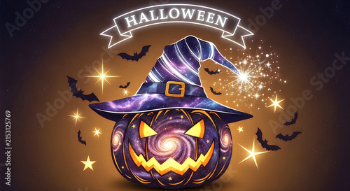 A vibrant and spooky halloween scene featuring a magical pumpkin witch hat with glowing