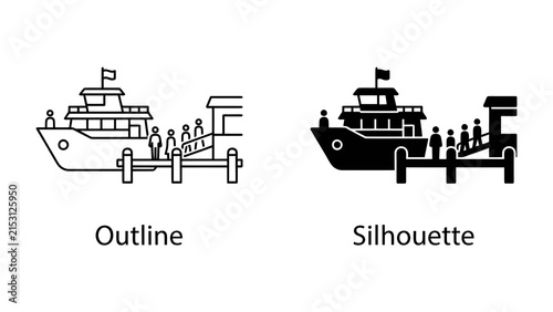 Fotografie Ferry Loading Scene: An outline and silhouette depiction of people boarding a ferry at a dock, symbolizing travel and transportation