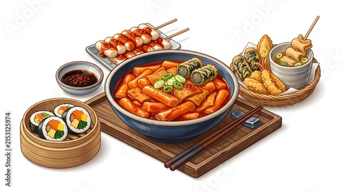 Korean spicy tteokbokki rice cakes served with chicken skewers, gimbap, and deep fried snacks