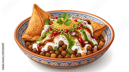 ** Spicy Indian Chaat with Samosas and Chutneys in Traditional Bowl for Culinary Presentation