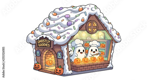 Cute little house with friendly ghosts celebrating a fun and spooky hallowen party scene