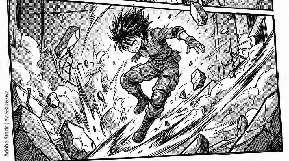 Fototapeta premium Anime warrior jumping through exploding debris wearing combat gear. Manga style with dramatic action lines in monochrome.