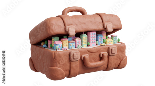 3D clay open suitcase containing miniature city, claymorphism style illustration isolated