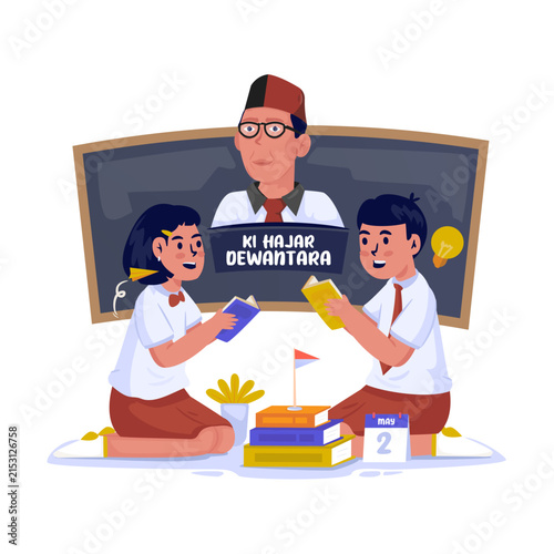 National Education Day with Two Students Reading Books Vector Illustration