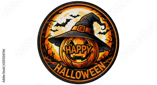 Round decorative sign featuring a spooky pumpkin wearing a witch hat for hallowen celebration