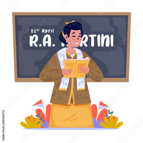 A woman wearing traditional kebaya reading a book in celebration of Kartini Day Vector Illustration